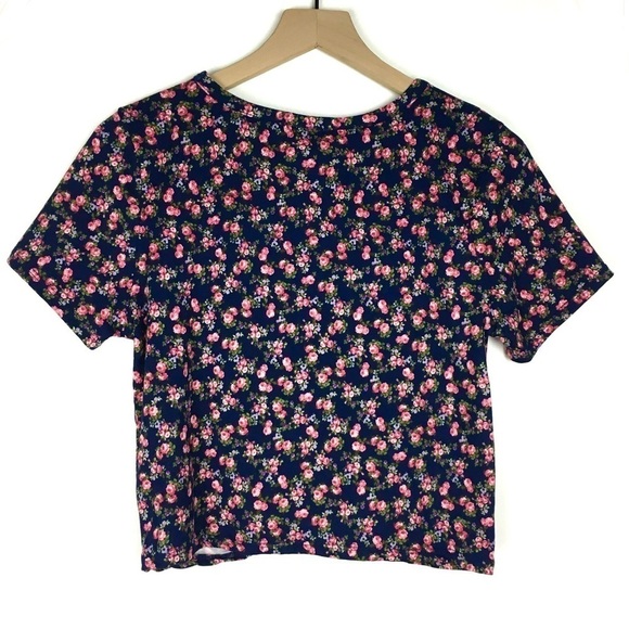 GAZE Crop Top Floral Roses Twist Front Shirt Sleeve T Shirt Fitted Size Large - Picture 5 of 8